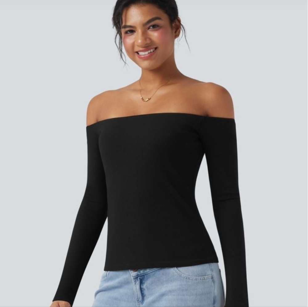 NWT Off-Shoulder Long Sleeve Ribbed Top - Black - Picture 2 of 5